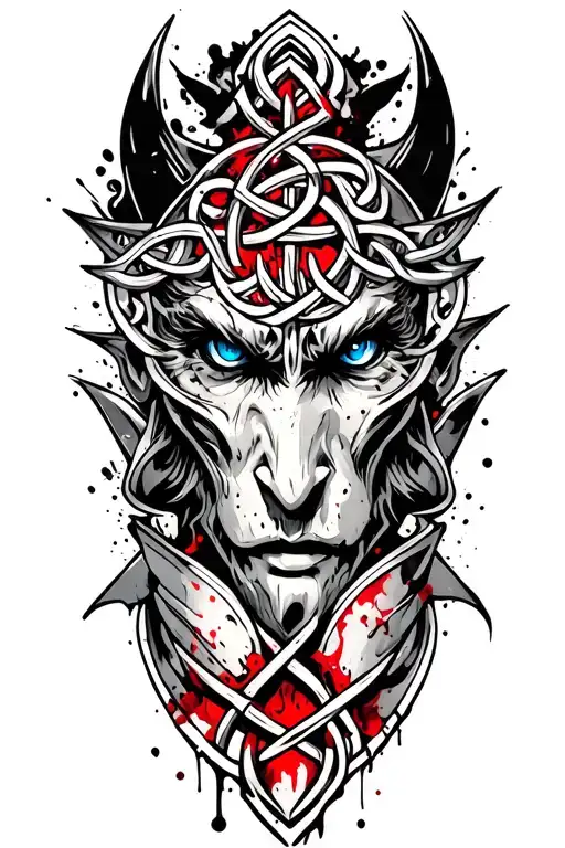 demon with blue eyes on armor tattoo design featuring Celtic trinity knot  tattoo design idea