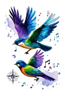 blue bird, green bird, purple bird flying with music notes and compass tattoo design idea