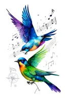 blue bird, green bird, purple bird flying with music notes and compass tattoo design idea