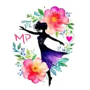 hand painted watercolor flowers with a silhouette of a female lyrical dancer, a heart, and the initials MP tattoo design idea