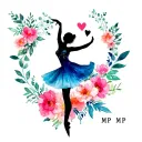 hand painted watercolor flowers with a silhouette of a female lyrical dancer, a heart, and the initials MP tattoo design idea