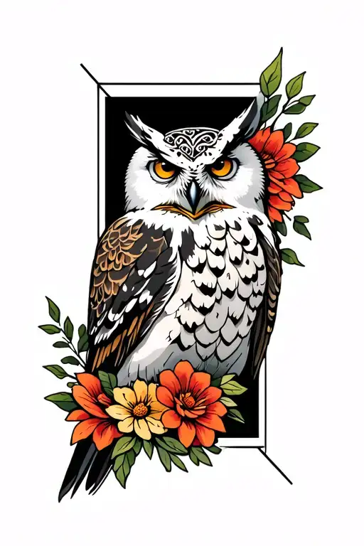 snowy owl, Viking, flowers wrapped tattoo design idea