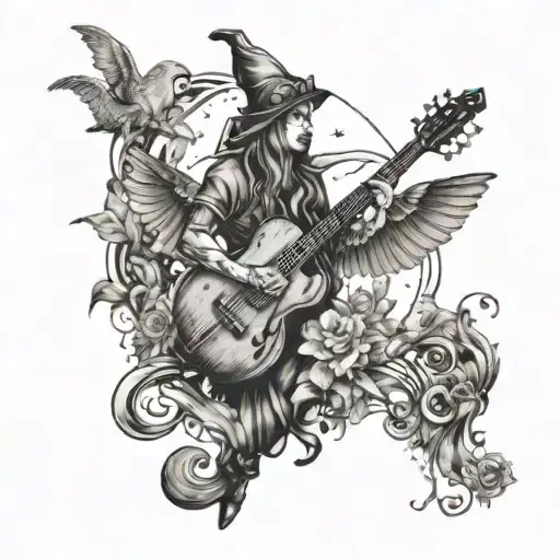 A tattoo design featuring a mystical music-themed scene with elements of witchcraft tattoo design idea