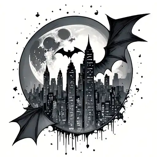 Gotham city with moon and bat signal shining tattoo design idea