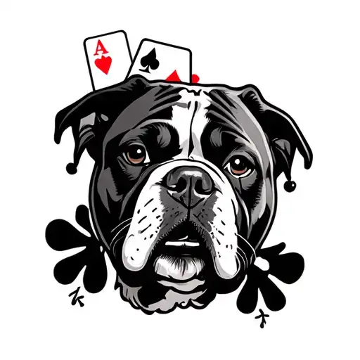american bulldog with clown and a of spade cards  tattoo design idea