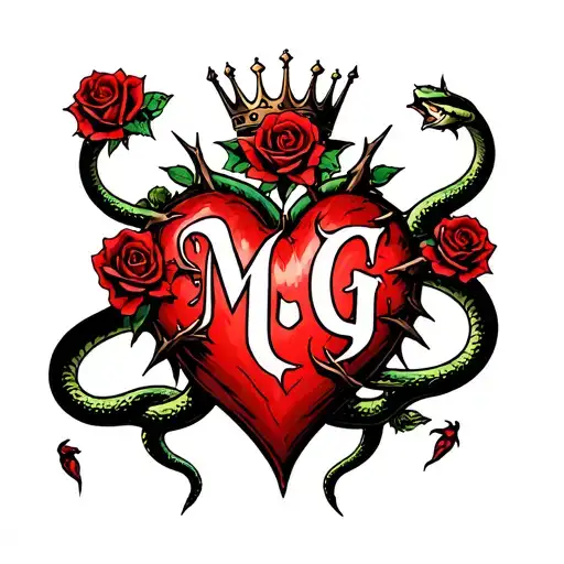 "M G" Gothic-style heart entangled with thorns, topped with a crown, four roses, and two angry snakes with Gothic-style letter tattoo design idea