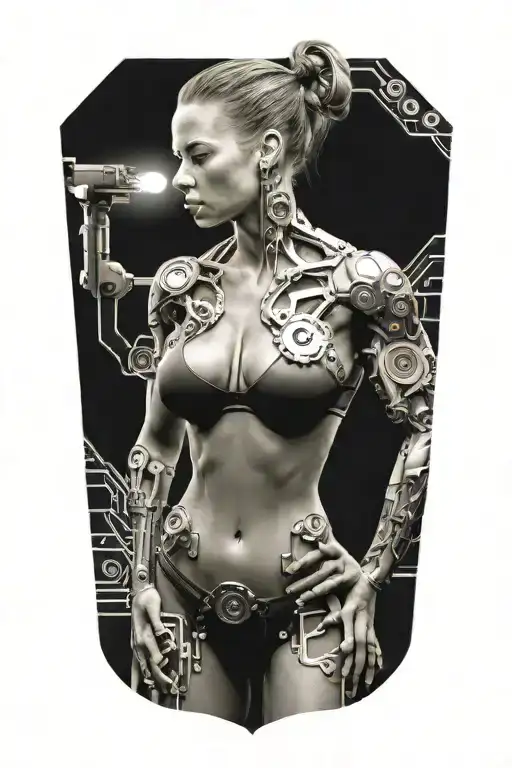 bodybuilder muscular women with technology circuits merging tattoo design idea