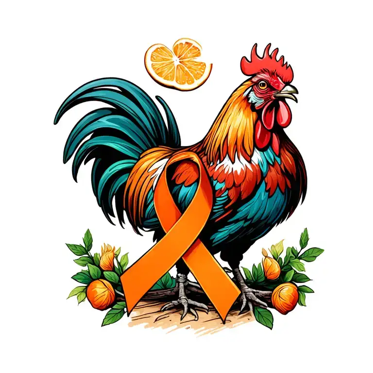 Rhode Island Red Rooster holding a orange ribbon for leukemia  tattoo design idea