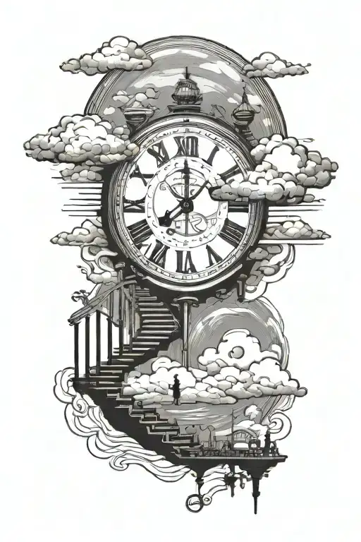 one clock in the clouds with stairs coming down with frank ocean lyrics tattoo design idea