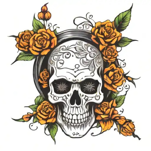 welding hood flowers skull tattoo design idea
