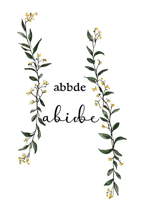 Fine line simple tattoo going down the spine With word abide intertwined with olive branches and dainty flowers tattoo design idea