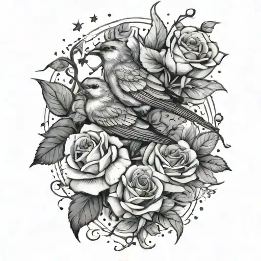 garden swift birds roses flowers stars tattoo design idea