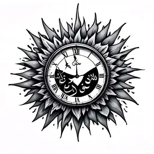 arabic broken clock melting from the sun shining tattoo design idea