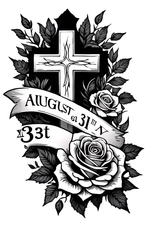 Create a forearm tattoo design stencil with a cross, roses, a birthday that says August 31st in Roman numerals tattoo design idea