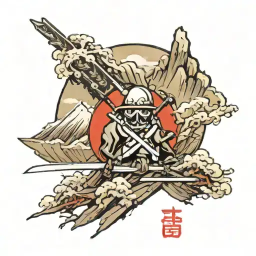 Chōsen (挑戦) + Mountain Peaks "Challenge." Design: Bold kanji with a katana leaning against a mountain peak, resilience tattoo design idea