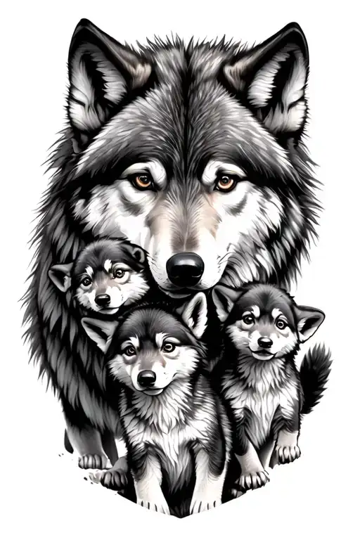wolf family with 2 cubs playing tattoo design idea