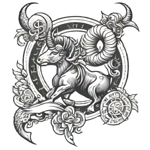 A black-grey tattoo of a Capricorn adorned with religious symbols to represent faith in sports tattoo design idea
