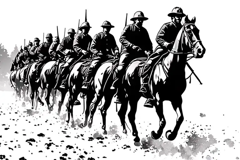 A line of silhouetted World War I cavalry soldiers riding on horseback, shown in profile, moving left to right  tattoo design idea