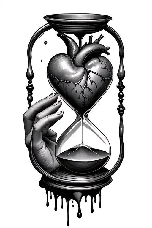 heart and hourglass fusion with hand holding the hourglass with blood tattoo design idea