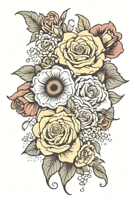 roses baby breath pansies and sunflower   tattoo design idea