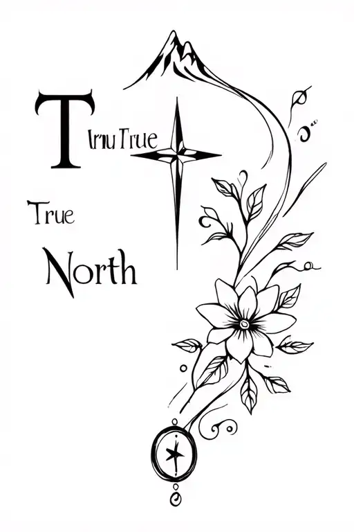 "True North " compass with cross true north mountain wave and flowers tattoo design idea