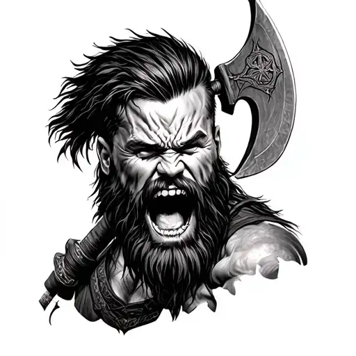 Portrait, Barbarian, Nordic, screaming, frontal, agression, fury, axes in hand, beard tattoo design idea