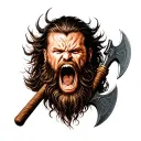 Portrait, Barbarian, Nordic, screaming, frontal, agression, fury, axes in hand, beard tattoo design idea
