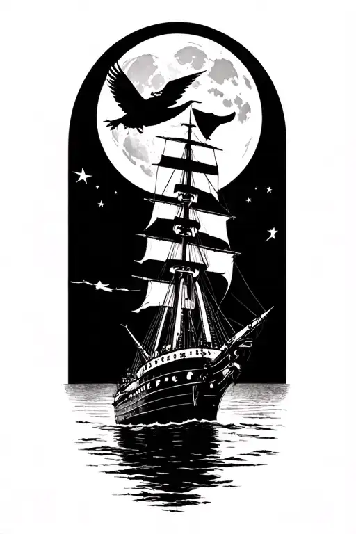 A silhouette of the USS Constitution with a witch flying over a full moon tattoo design idea