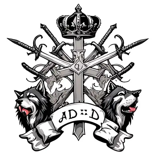 cross with crown and philography and swords and banners saying AJD with wolves tattoo design idea