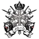 cross with crown and philography and swords and banners saying AJD with wolves tattoo design idea