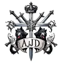 cross with crown and philography and swords and banners saying AJD with wolves tattoo design idea