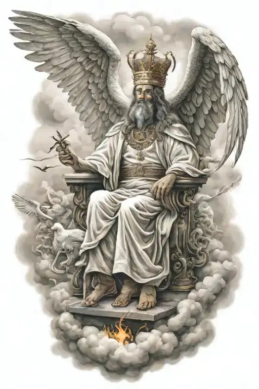 king of kings sitting on throne of cloud and fire surrounded by flying angels in half sleeve tattoo design idea