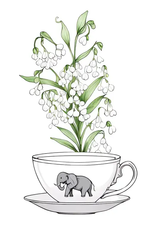Lily of the valley and sweet William flowers coming out of or wrapped around a teacup with an elephant on it tattoo design idea
