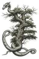 snake wrapped around tree with phoenix flying tattoo design idea