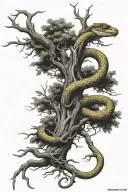 snake wrapped around tree with phoenix flying tattoo design idea