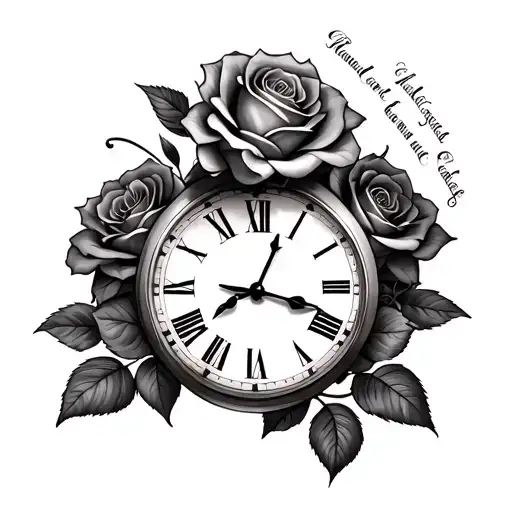 3 rose , clock and 3 words tattoo design idea