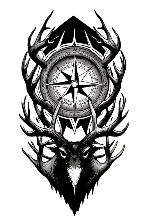 detailed compass rose surrounded by deer antlers tattoo design idea