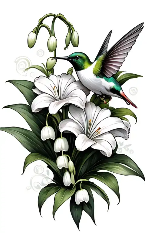 lily of the valley flower and humming bird tattoo design idea