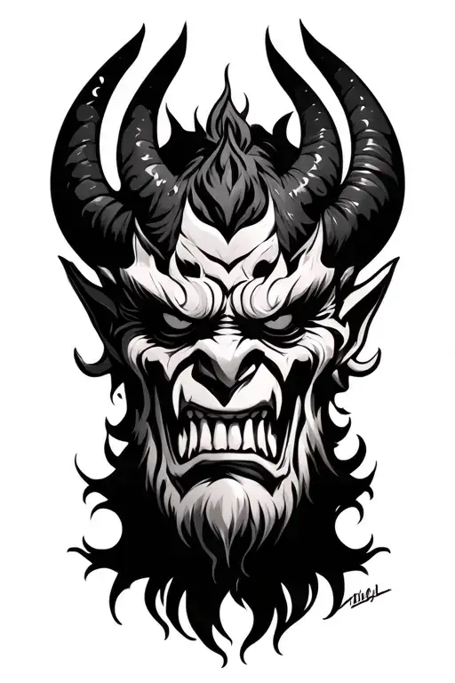 Oni head with good and bad tattoo design idea