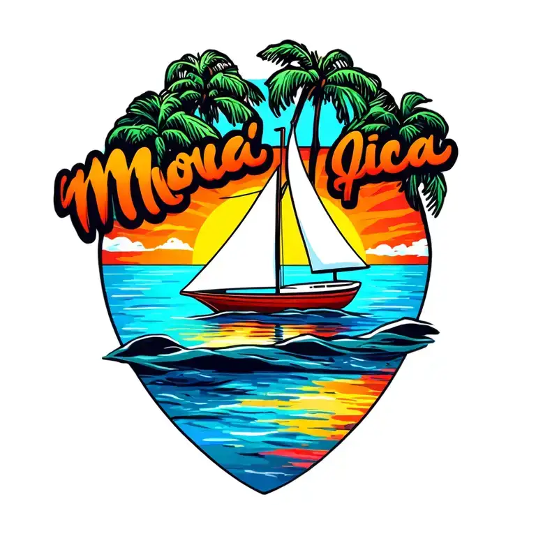 "Monica" white sailboat, background vibrant sunrise, small island palm background.  Bright colors no border tattoo design idea