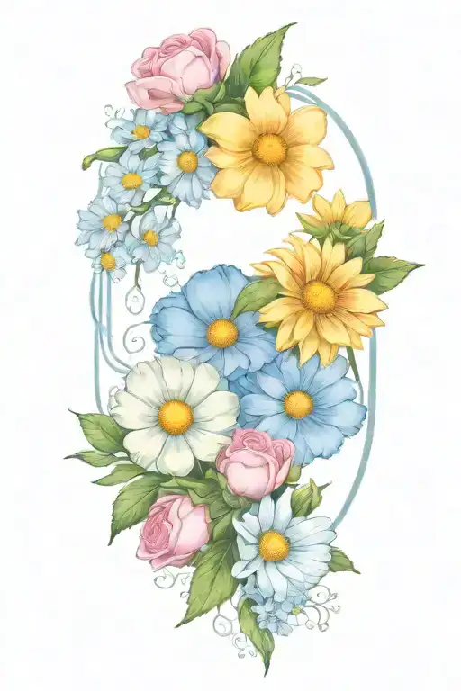 An intricate tattoo of a boquet of roses, daisys, and cosmos flowers tattoo design idea