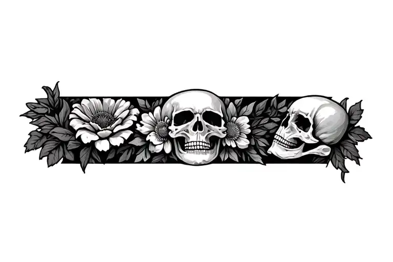 flowers and skull for a forearm band tattoo design idea