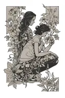 Silhouette Minimalism tattoo of a girl sitting in Henbane, Foxglove, Primrose, Monkshood and dandelion while reading tattoo design idea