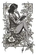 Silhouette Minimalism tattoo of a girl sitting in Henbane, Foxglove, Primrose, Monkshood and dandelion while reading tattoo design idea
