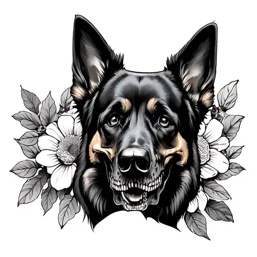 Bees honeycombs and the flower of life, skull, German shepherd in the protection service, dark tattoo design idea