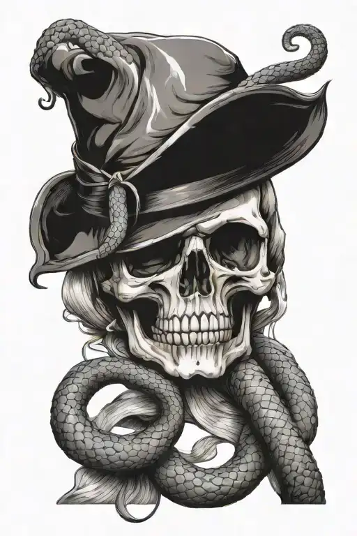 skull with a snake coing out of the mouth and wrapping round a wand tattoo design idea