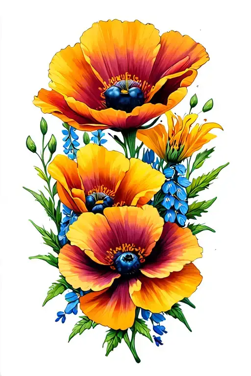 I'd like a shoulder/arm piece that contains the following: California Poppies, Texas Bluebonnets, Lillies, Huckleberries tattoo design idea