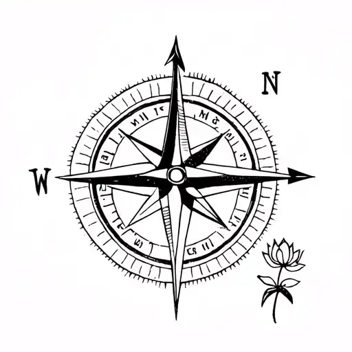 simple compass cross with arrow pointing North with small lotus flower in bottom right hand corner tattoo design idea