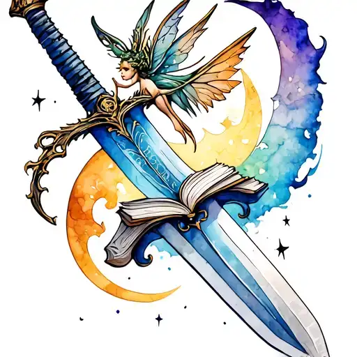 A sword tattoo with books through the blade, a fairy on top of the sword and a dragon wrapped around. Moon and starts wi tattoo design idea