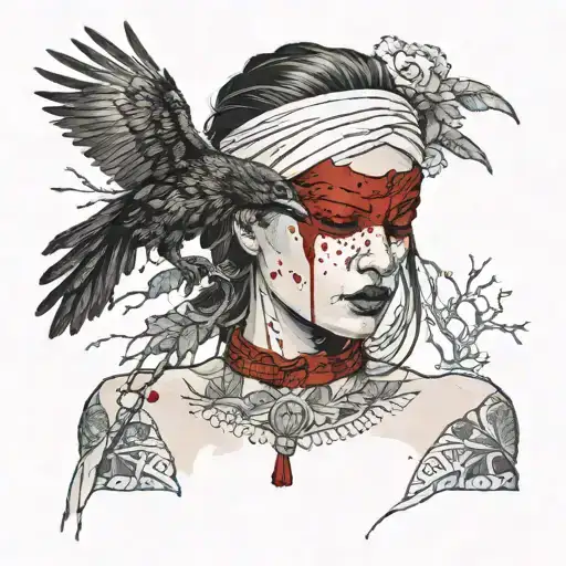 A pale-skinned young woman, blindfolded and with blood running down her cheeks, clutching a dead crow with her right han tattoo design idea